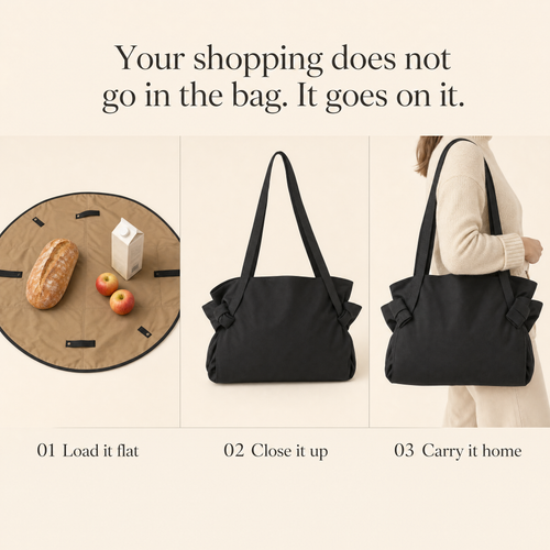 Black Sunday Carry tote in three steps: the mat laid flat with bread, milk and apples loaded onto it, the bag closed up, then carried home on the shoulder.