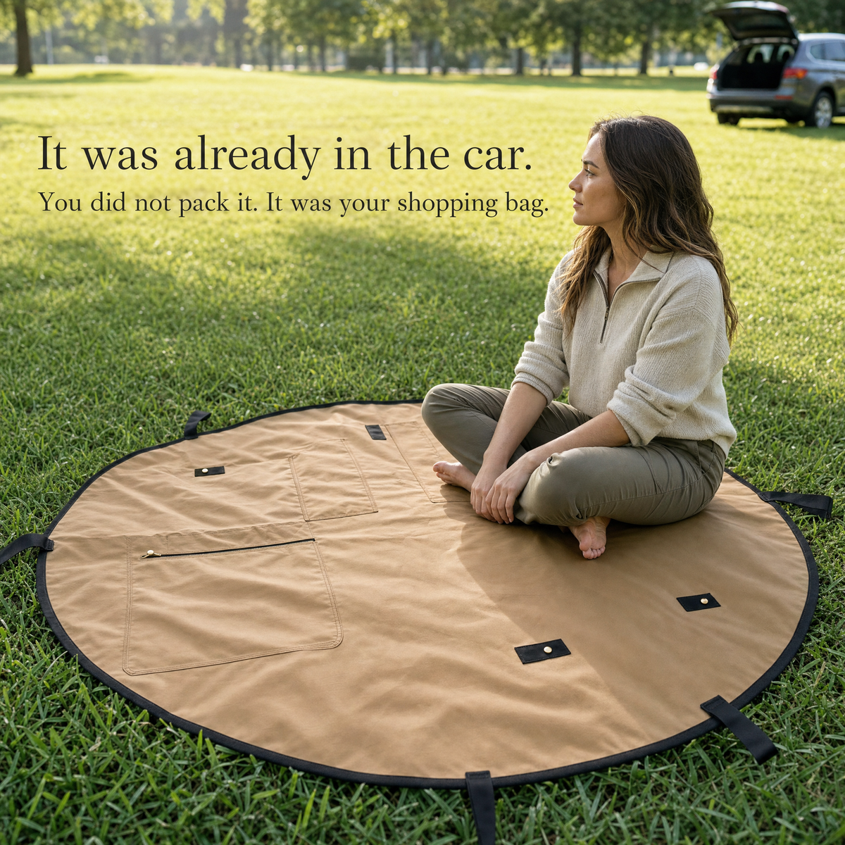 The Sunday Carry mat opened flat on grass beside an open car boot, with a woman sitting on it.