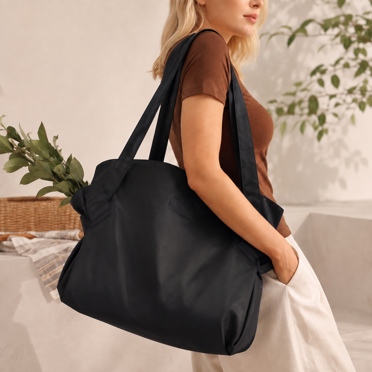 The black Sunday Carry tote carried on the shoulder, strap over a brown top.