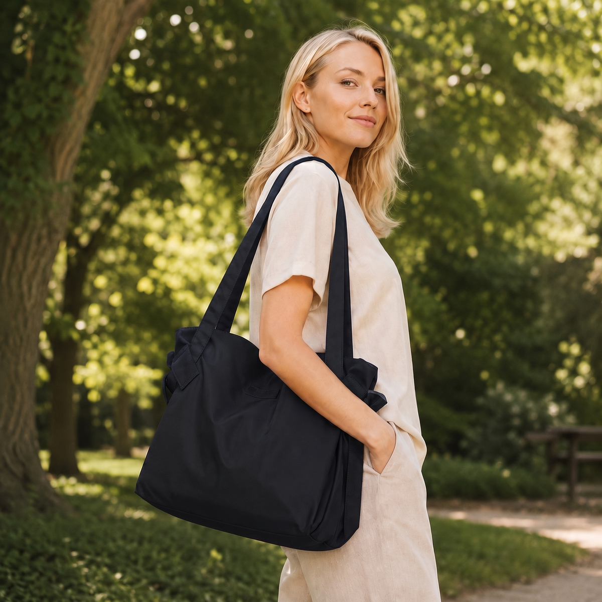 Woman walking through a sunlit park with the black Sunday Carry tote over one shoulder.